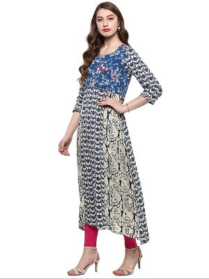 White Floral Viscose Rayon Round Neck Kurti