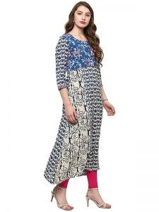 White Floral Viscose Rayon Round Neck Kurti