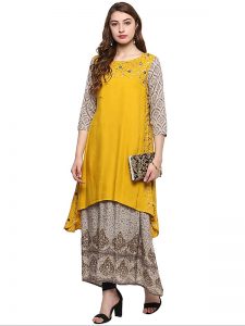 Yellow Solid Viscose Rayon Round Neck Kurti