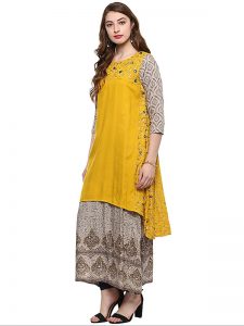 Yellow Solid Viscose Rayon Round Neck Kurti