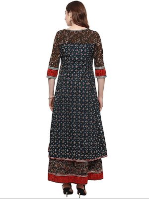 Blue Floral Cotton Round Neck Kurti