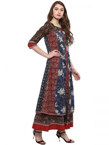 Blue Floral Cotton Round Neck Kurti