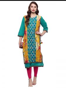 Green Floral Cotton Round Neck Kurti