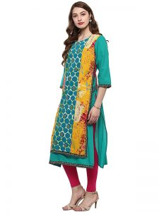 Green Floral Cotton Round Neck Kurti