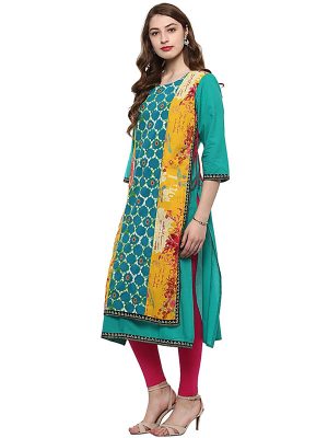 Green Floral Cotton Round Neck Kurti