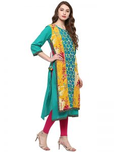 Green Floral Cotton Round Neck Kurti