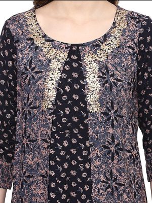 Black Floral Viscose Rayon Round Neck Kurti