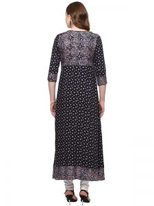 Black Floral Viscose Rayon Round Neck Kurti