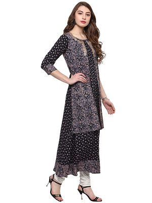 Black Floral Viscose Rayon Round Neck Kurti