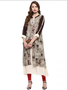 Brown Floral Viscose Rayon Mandarin Collar Kurti