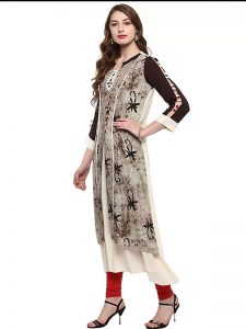 Brown Floral Viscose Rayon Mandarin Collar Kurti