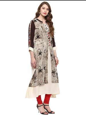 Brown Floral Viscose Rayon Mandarin Collar Kurti