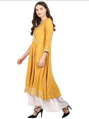 Women Mustard Embroidered Anarkali Kurta