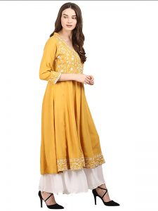 Women Mustard Embroidered Anarkali Kurta