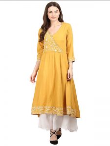 Women Mustard Embroidered Anarkali Kurta