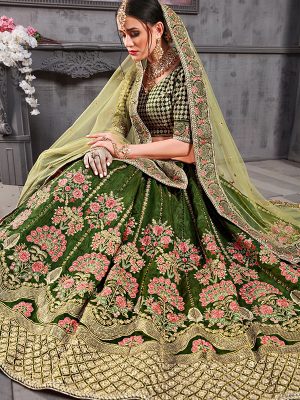 Pine Green Thai Silk Bridal Wedding Wear Lehenga Choli With Dupatta