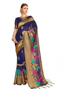 Navy Blue Colour Designer Nylon Silk Bageecha Saree