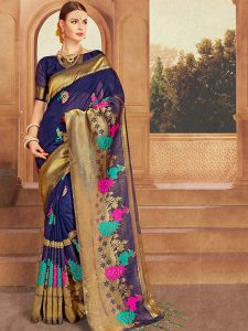 Navy Blue Colour Designer Nylon Silk Bageecha Saree