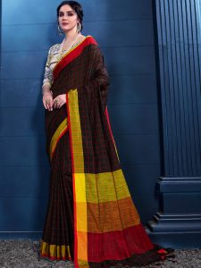 Black Colour Designer Linen Checkmate Saree