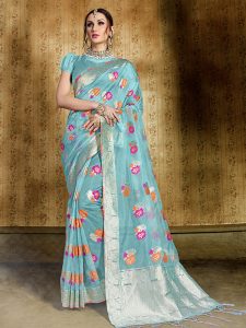 Sky Blue Colour Designer Nylon Organza Silk Roliana Saree