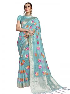 Sky Blue Colour Designer Nylon Organza Silk Roliana Saree