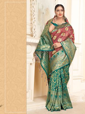 Teal Green & Pink Colour Designer Linen Silk Samayak Saree