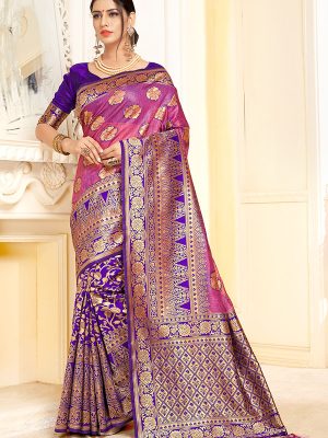 Blue & Pink Colour Designer Linen Silk Samayak Saree