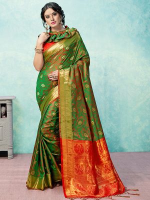 Green & Red Colour Designer Banarasi Art Silk Jharoka Saree