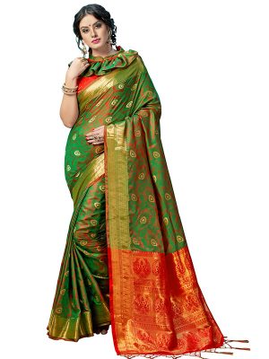Green & Red Colour Designer Banarasi Art Silk Jharoka Saree