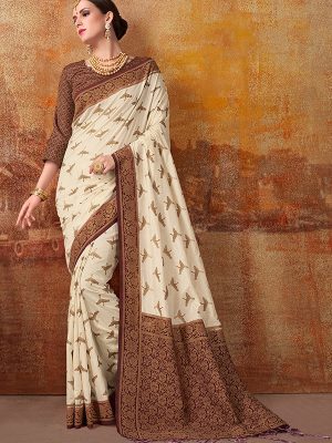 Off White & Brown Colour Designer Nylon Banarasi Silk Vijaylaxmi Saree