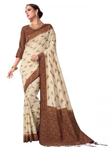 Off White & Brown Colour Designer Nylon Banarasi Silk Vijaylaxmi Saree