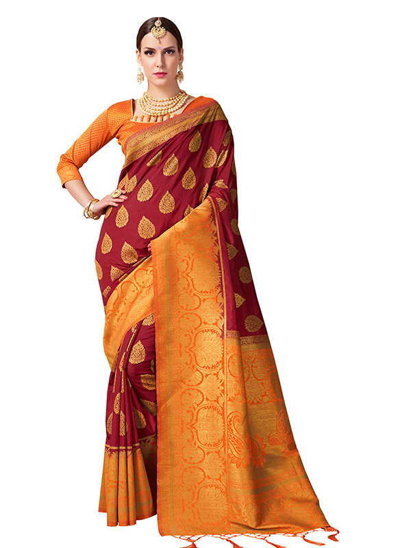 Orange Handwoven Tussar Banarasi Saree – Beatitude