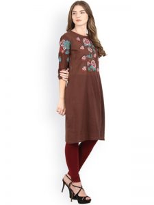 Women Brown Embroidered Straight Kurta