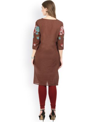 Women Brown Embroidered Straight Kurta