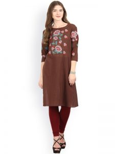 Women Brown Embroidered Straight Kurta