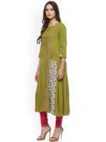 Women Green Embroidered A-Line Kurta