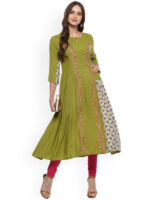 Women Green Embroidered A-Line Kurta