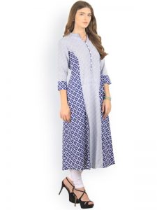 Women Blue & Grey Printed Straight Kurta