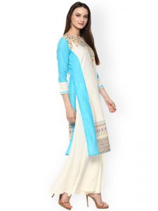 Women Off-White & Blue Printed Straight Kurta