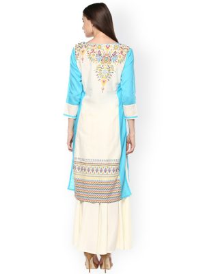 Women Off-White & Blue Printed Straight Kurta