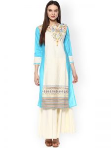 Women Off-White & Blue Printed Straight Kurta