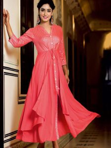 Pure Reyon Fabric Gold Print Pink Kurti