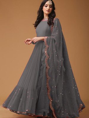 Fox Georgette & Embroidery And Diamond Work Gray Gown
