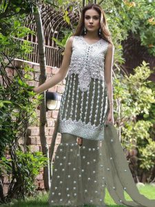 Fepik Net Heavy Embroidery Work Gray Palazo Suit