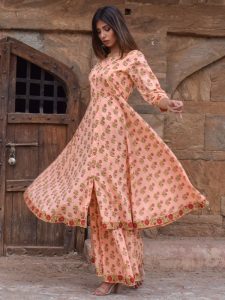 Chameli Peach Block Printed Hand Block Printed Cotton Sharara Suit