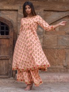 Chameli Peach Block Printed Hand Block Printed Cotton Sharara Suit