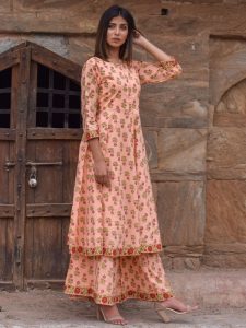 Chameli Peach Block Printed Hand Block Printed Cotton Sharara Suit