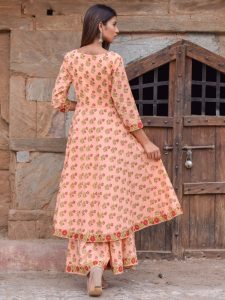 Chameli Peach Block Printed Hand Block Printed Cotton Sharara Suit