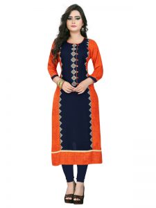 Dark Blue & Orange Rayon Printed & Embroidered Kurti