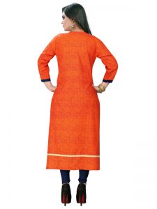 Dark Blue & Orange Rayon Printed & Embroidered Kurti